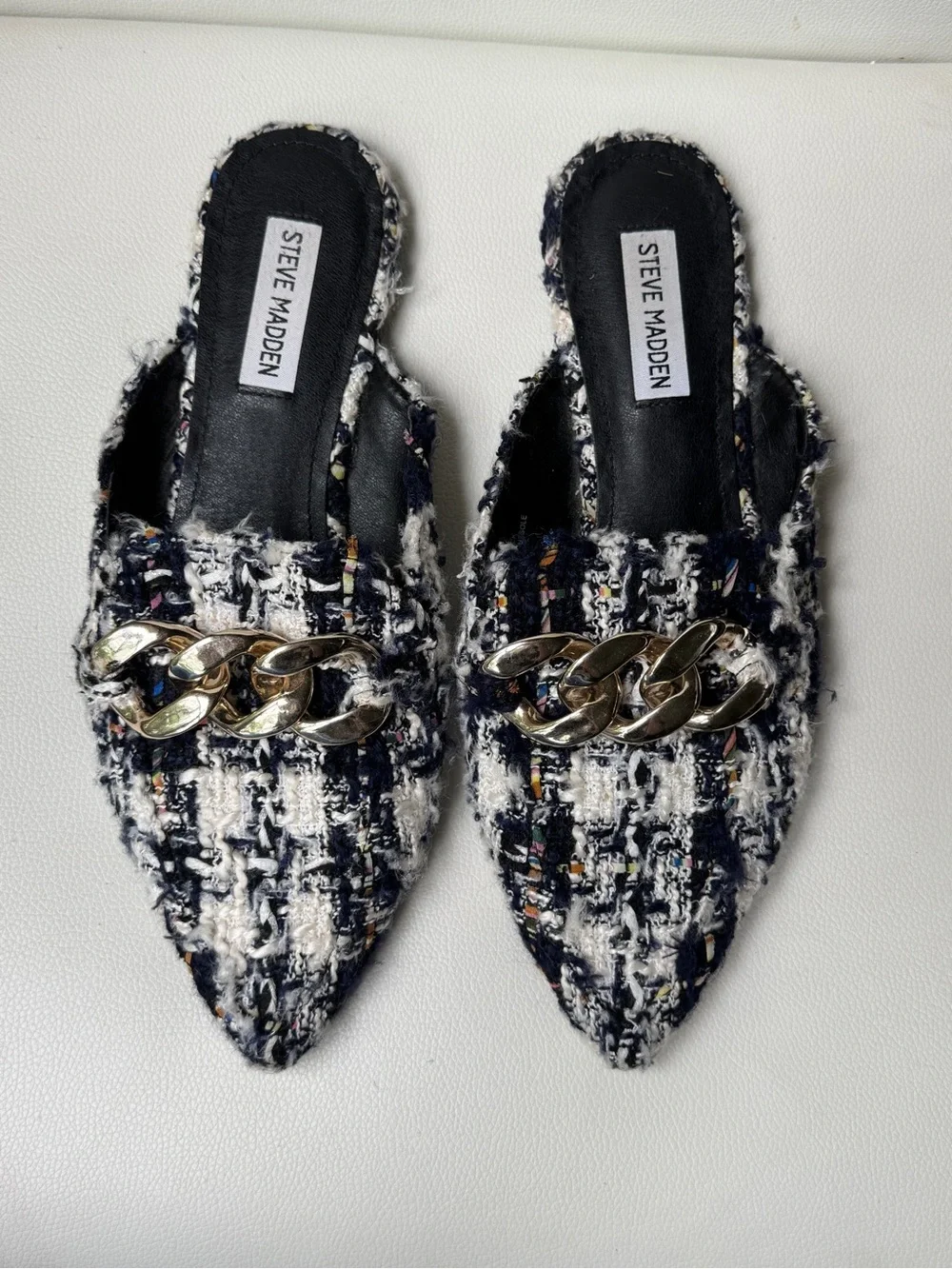 Steve Madden Black & White Tweed Pointed Mules with Gold Chain